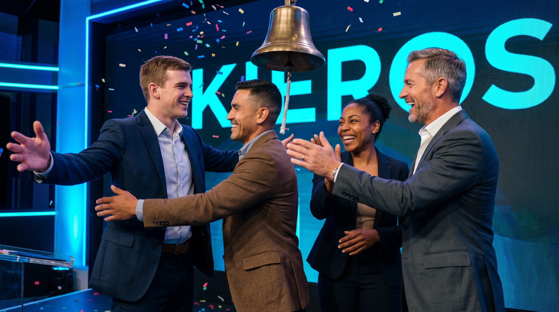 Heath and the officers ringing the NASDAQ bell, confetti in the air